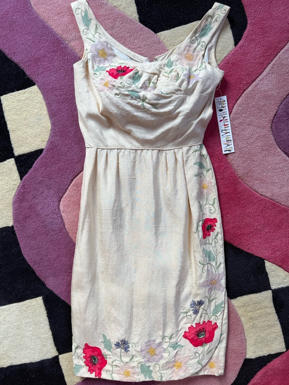 Vintage 1950s Ivory Floral Appliqué Embroidered Draped Bust Sundress Size Small